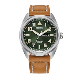 Men's Citizen Eco-Drive® Avion Super Titanium™ Leather Strap Watch with Green Dial (Model: BM8560-02X)