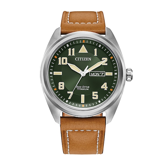 Men's Citizen Eco-DriveÂ® Avion Super Titaniumâ¢ Leather Strap Watch with Green Dial (Model: Bm8560-02X)