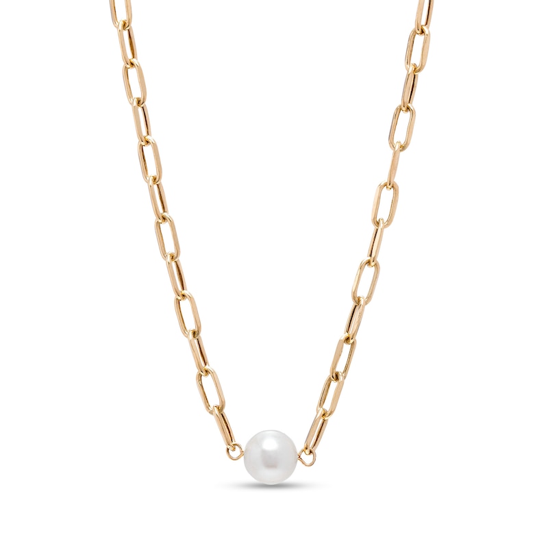 Main Image 1 of 8.5mm Freshwater Cultured Pearl Solitaire Paper Clip Necklace in 10K Gold