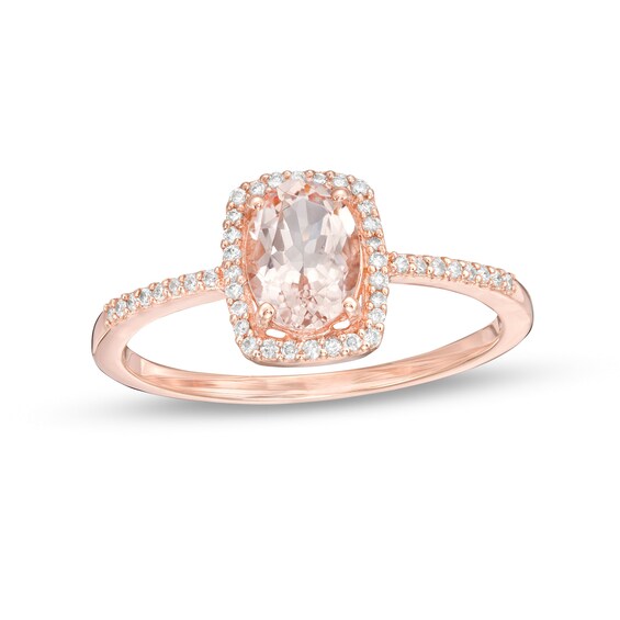 Oval Morganite and 1/10 CT. T.w. Diamond Cushion Frame Ring in 10K Rose Gold