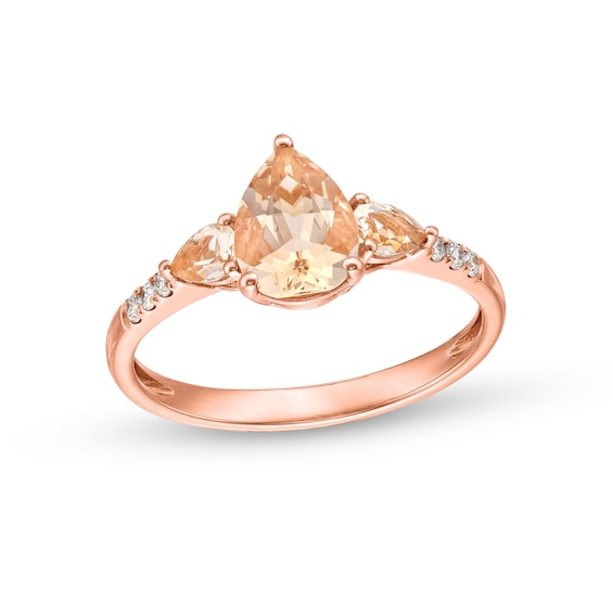 Pear-Shaped Morganite and 1/15 CT. T.w. Diamond Three Stone Ring in 10K Rose Gold