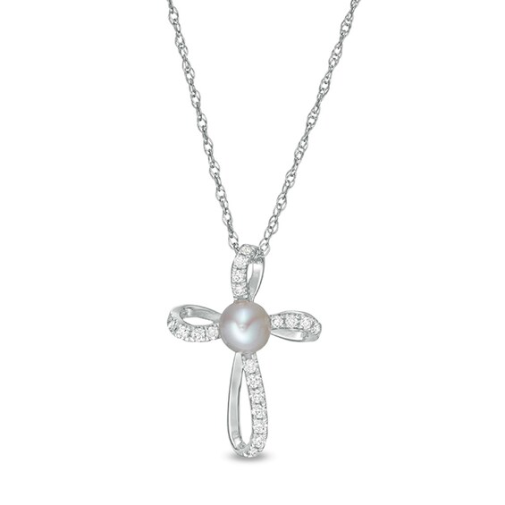 4.0mm Freshwater Cultured Pearl and 1/10 CT. T.w. Diamond Pinwheel Cross Pendant in 10K White Gold