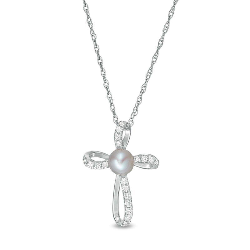 Main Image 1 of 4.0mm Freshwater Cultured Pearl and 1/10 CT. T.W. Diamond Pinwheel Cross Pendant in 10K White Gold