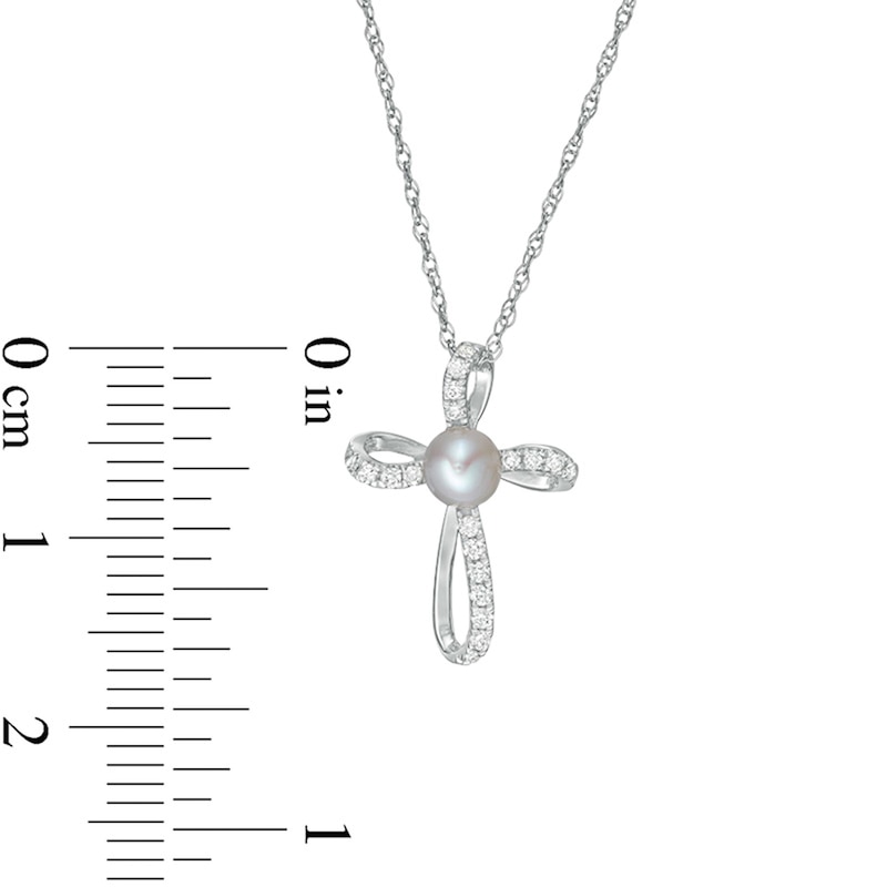 Main Image 2 of 4.0mm Freshwater Cultured Pearl and 1/10 CT. T.W. Diamond Pinwheel Cross Pendant in 10K White Gold