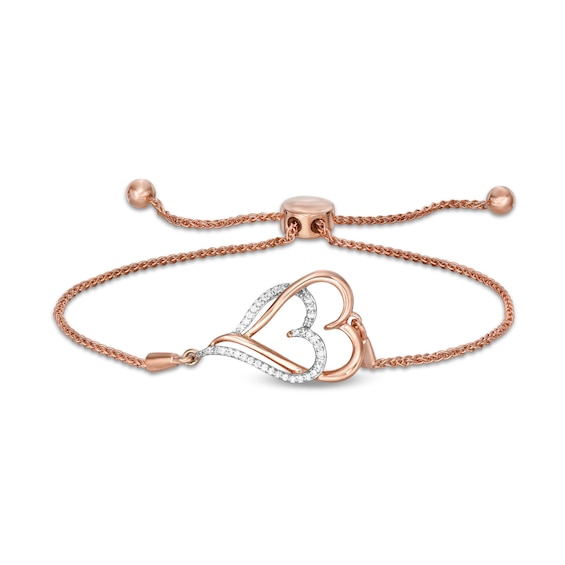 1/10 CT. T.w. Diamond Interlocking Double Elongated Heart Bolo Bracelet in Sterling Silver with 14K Rose Gold Plate