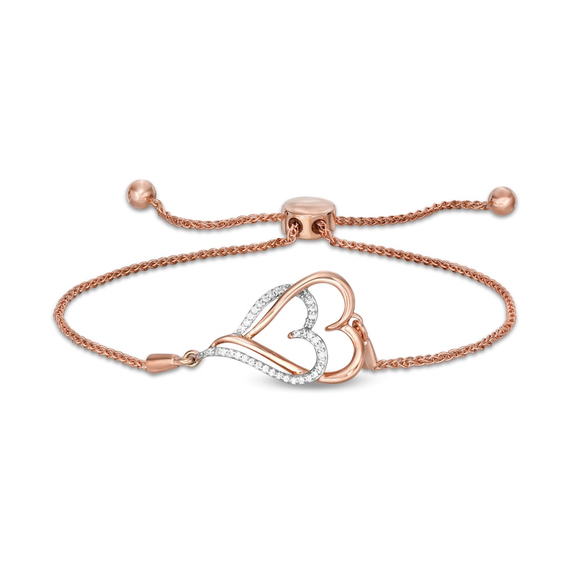 Main Image 1 of 1/10 CT. T.W. Diamond Interlocking Double Elongated Heart Bolo Bracelet in Sterling Silver with 14K Rose Gold Plate