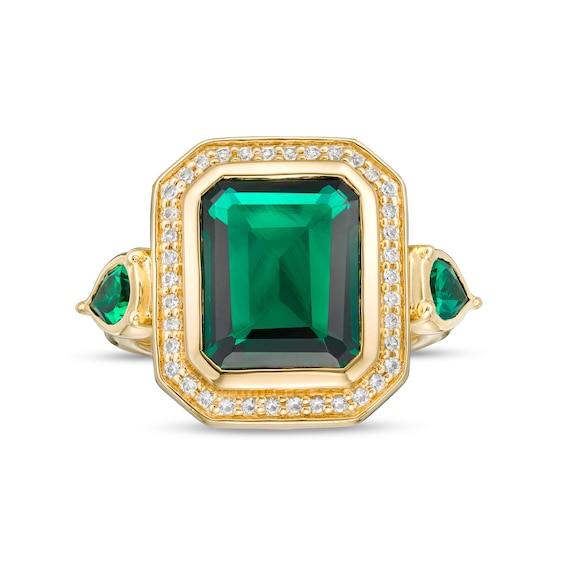 Octagon Lab-Created Emerald and White Lab-Created Sapphire Frame Three Stone Ring in Sterling Silver with 14K Gold Plate