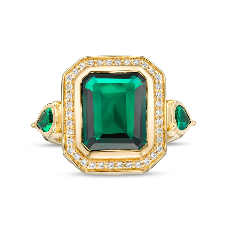 Main Image 1 of Octagon Lab-Created Emerald and White Lab-Created Sapphire Frame Three Stone Ring in Sterling Silver with 14K Gold Plate