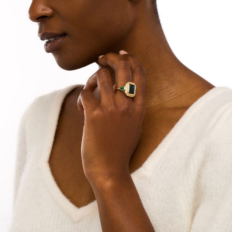 Main Image 2 of Octagon Lab-Created Emerald and White Lab-Created Sapphire Frame Three Stone Ring in Sterling Silver with 14K Gold Plate