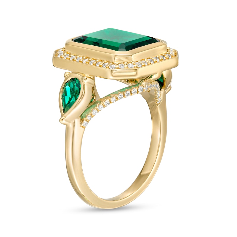 Main Image 3 of Octagon Lab-Created Emerald and White Lab-Created Sapphire Frame Three Stone Ring in Sterling Silver with 14K Gold Plate