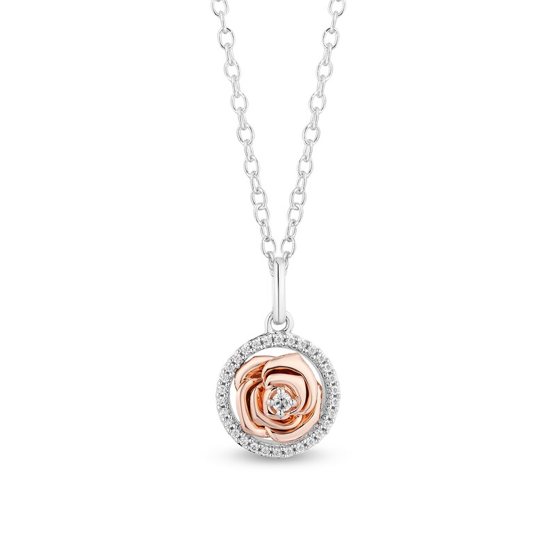 Main Image 1 of Enchanted Disney Belle 1/10 CT. T.W. Diamond Frame Rose Pendant in 10K Two-Tone Gold – 19"