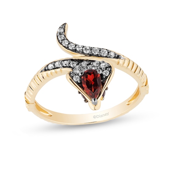 Enchanted Disney Villains Jafar Pear-Shaped Garnet and 1/6 CT. T.w. Diamond Snake Ring in 10K Gold