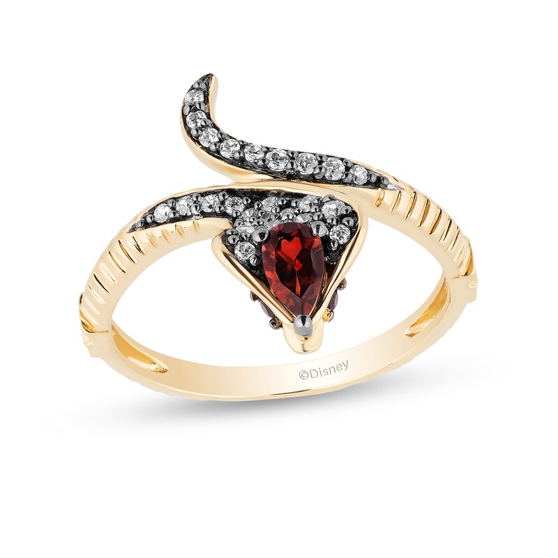 Main Image 1 of Enchanted Disney Villains Jafar Pear-Shaped Garnet and 1/6 CT. T.W. Diamond Snake Ring in 10K Gold
