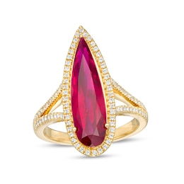 Pear-Shaped Lab-Created Ruby and White Lab-Created Sapphire Frame Ring in Sterling Silver with 14K Gold Plate - Size 7