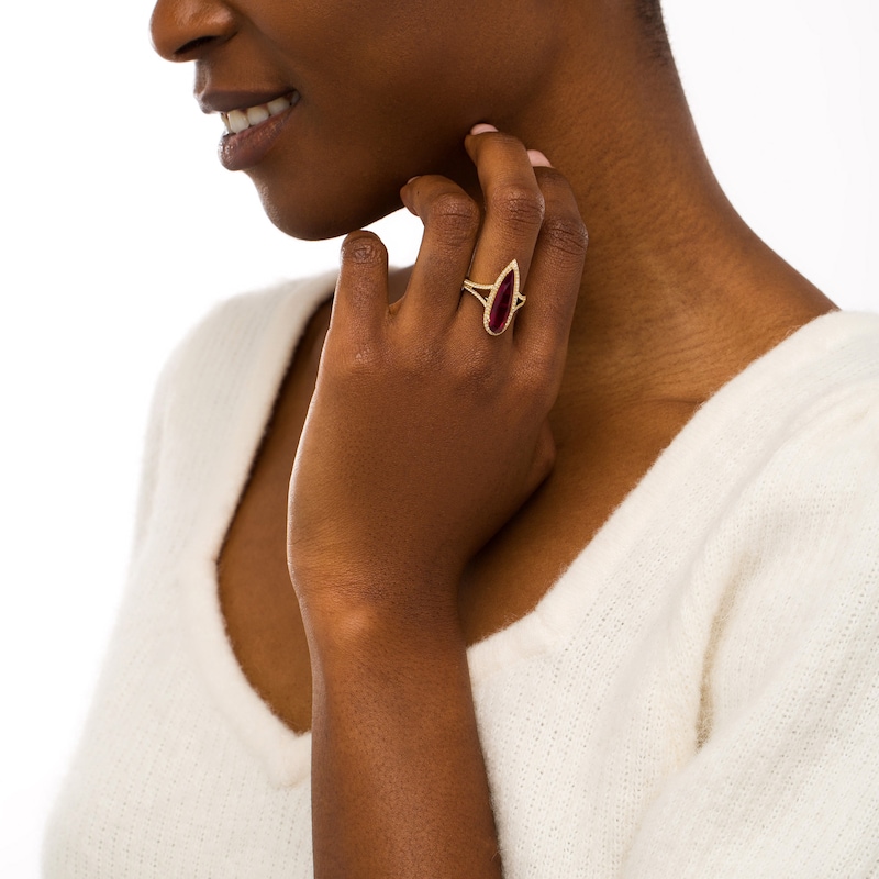 Pear-Shaped Lab-Created Ruby and White Lab-Created Sapphire Frame Ring in Sterling Silver with 14K Gold Plate - Size 7