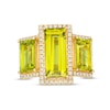 Thumbnail Image 1 of Baguette-Cut Green and White Lab-Created Sapphire Frame Three Stone Ring in Sterling Silver with 14K Gold Plate - Size 7