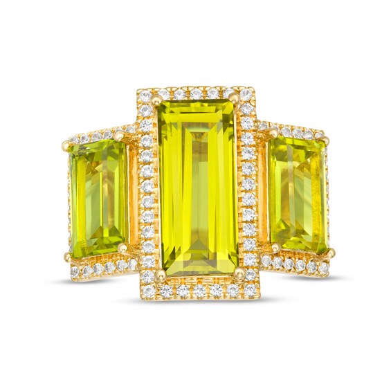 Baguette-Cut Green and White Lab-Created Sapphire Frame Three Stone Ring in Sterling Silver with 14K Gold Plate - Size 7