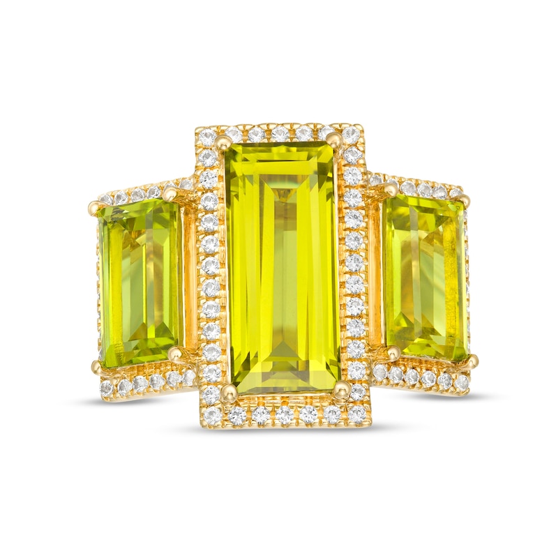 Main Image 1 of Baguette-Cut Green and White Lab-Created Sapphire Frame Three Stone Ring in Sterling Silver with 14K Gold Plate - Size 7