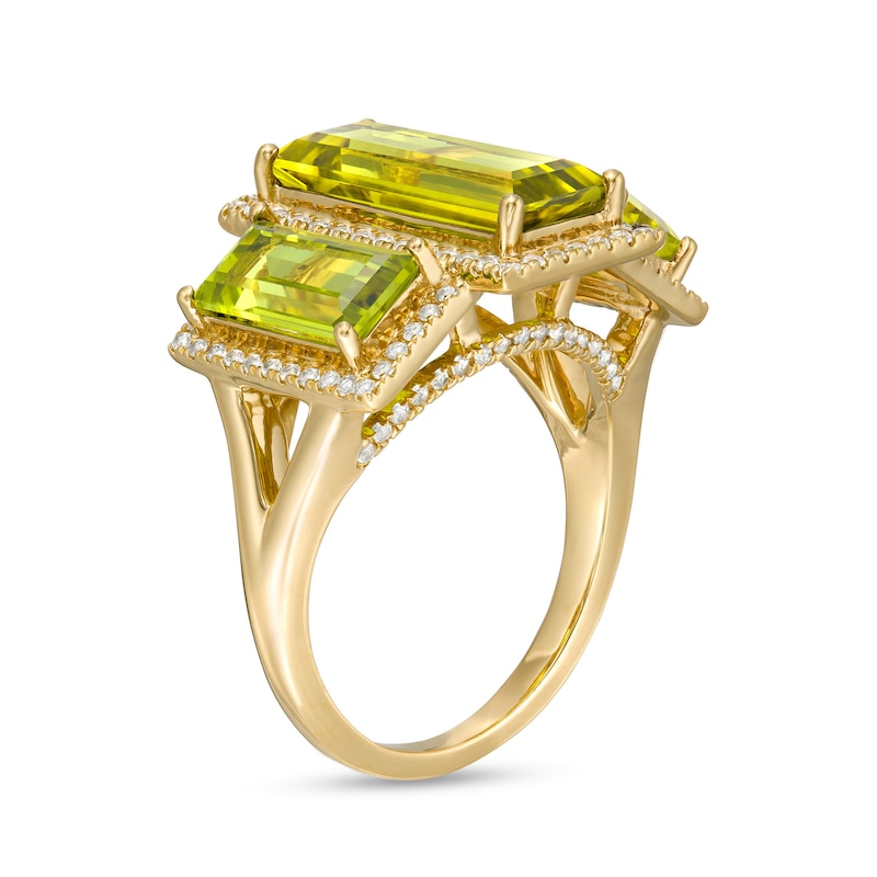 Main Image 3 of Baguette-Cut Green and White Lab-Created Sapphire Frame Three Stone Ring in Sterling Silver with 14K Gold Plate - Size 7