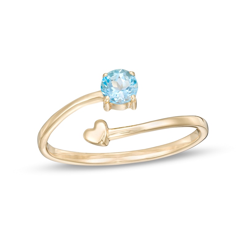 Main Image 1 of 4.0mm Swiss Blue Topaz and Polished Heart Open Wrap Ring in 10K Gold