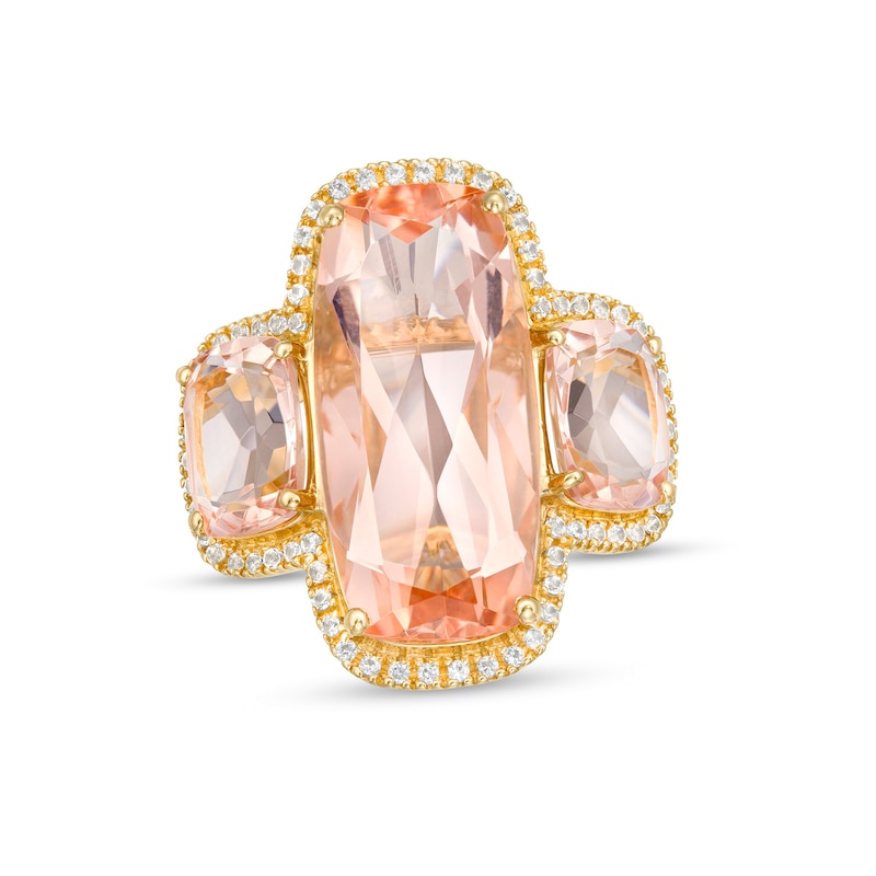 Main Image 1 of Cushion-Cut Orange and White Lab-Created Sapphire Frame Three Stone Ring in Sterling Silver with 14K Gold Plate