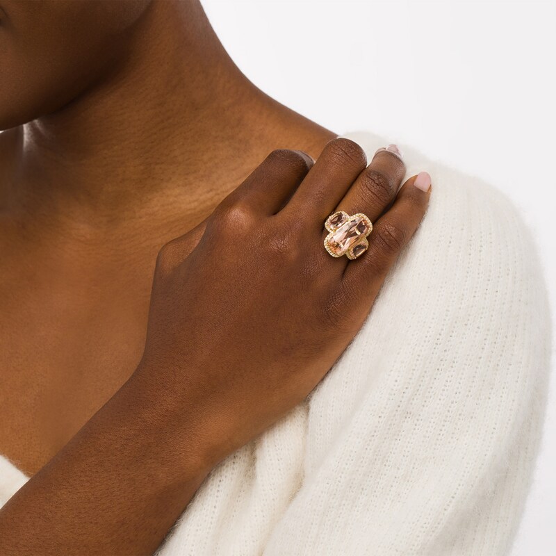 Main Image 2 of Cushion-Cut Orange and White Lab-Created Sapphire Frame Three Stone Ring in Sterling Silver with 14K Gold Plate