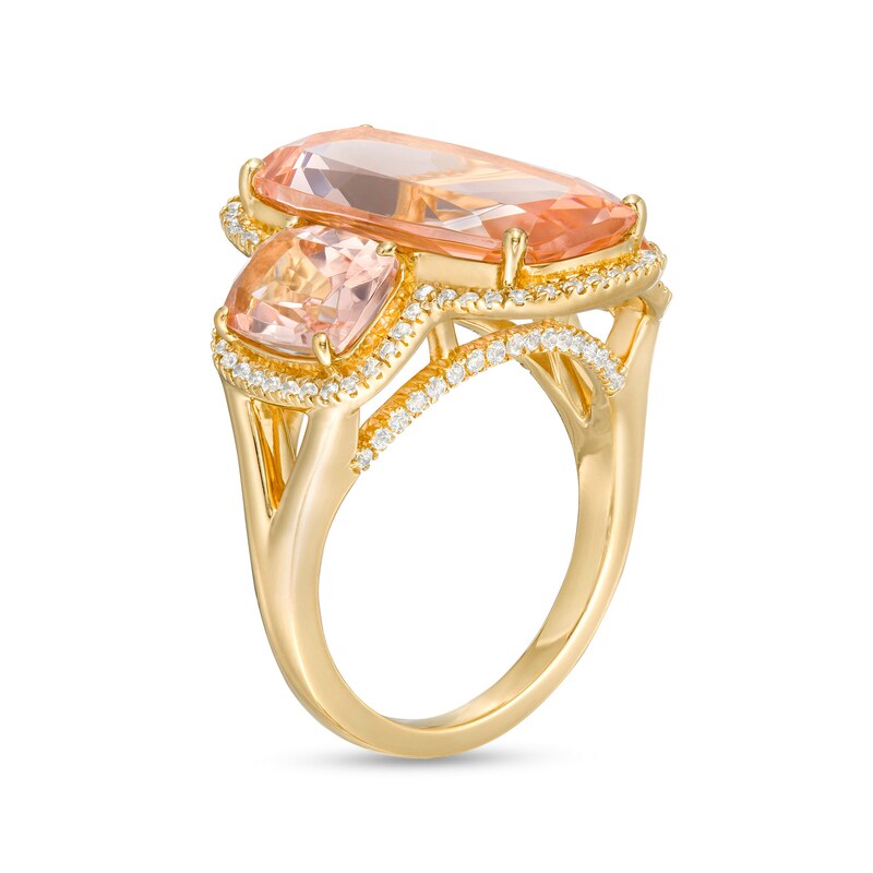 Main Image 3 of Cushion-Cut Orange and White Lab-Created Sapphire Frame Three Stone Ring in Sterling Silver with 14K Gold Plate