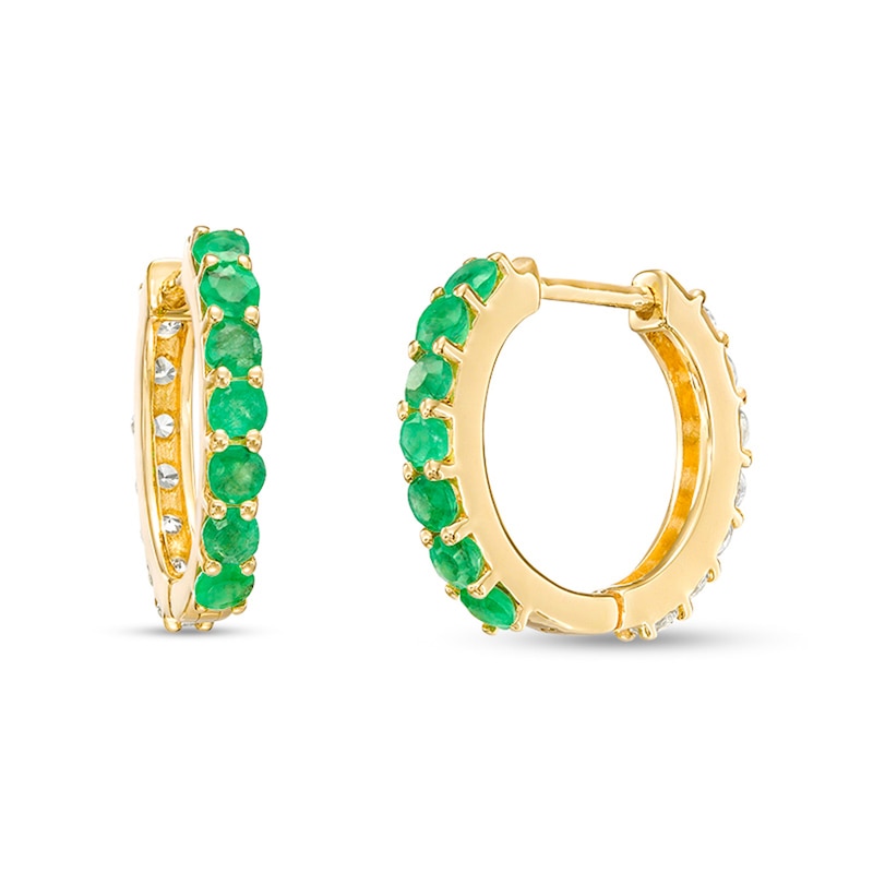 Emerald and White Sapphire Reversible Huggie Hoop Earrings in 10K Gold