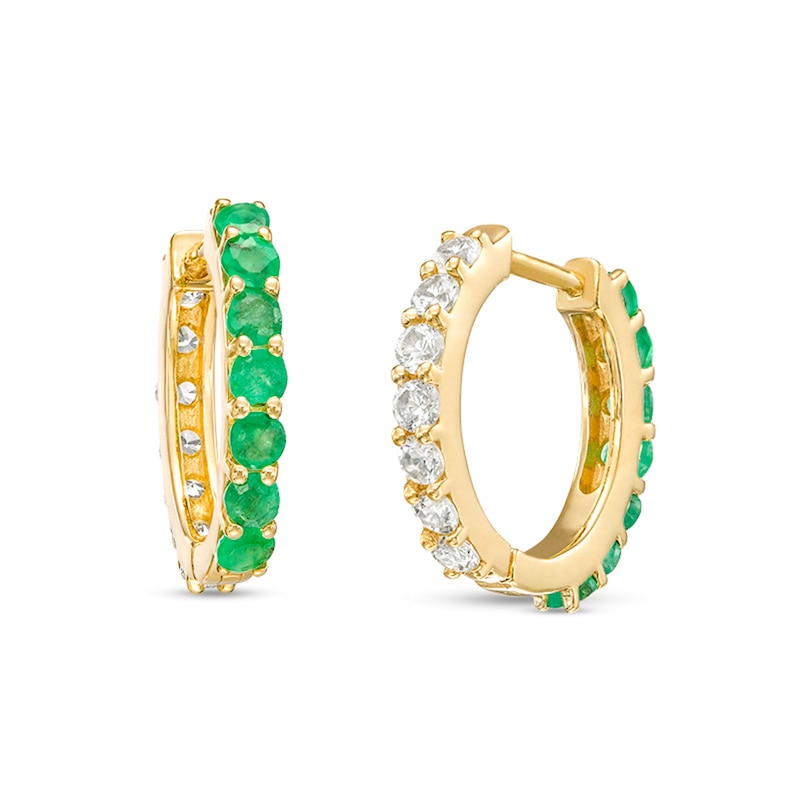 Emerald and White Sapphire Reversible Huggie Hoop Earrings in 10K Gold