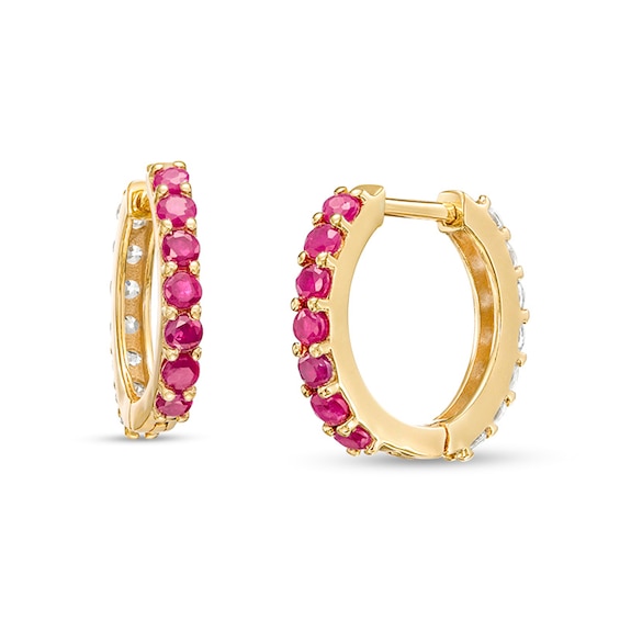 Ruby and White Sapphire Reversible Huggie Hoop Earrings in 10K Gold