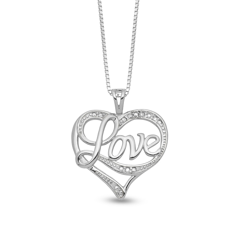 Main Image 1 of Diamond Accent Beaded Cursive &quot;Love&quot; with Ribbon Heart Pendant in Sterling Silver – 16&quot;