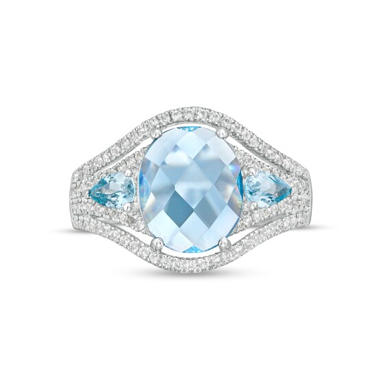 Oval Blue Lab-Created Spinel and White Lab-Created Sapphire Three Stone Dome Ring in Sterling Silver