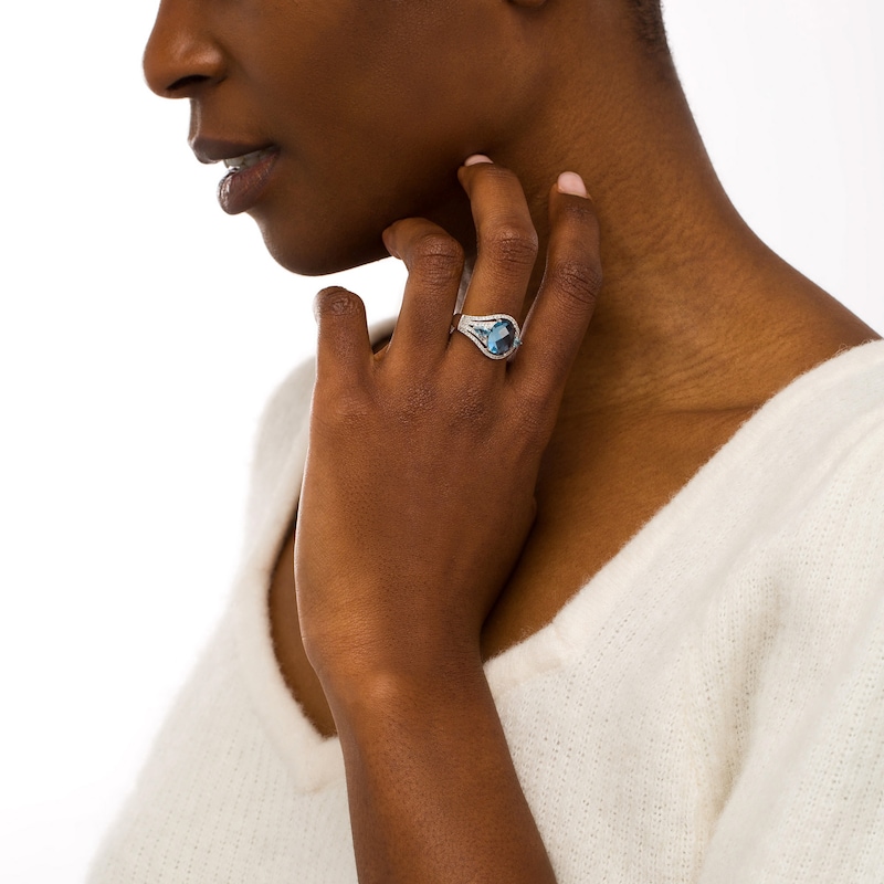 Main Image 2 of Oval Blue Lab-Created Spinel and White Lab-Created Sapphire Three Stone Dome Ring in Sterling Silver