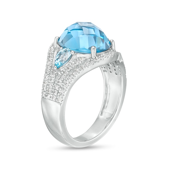 Oval Blue Lab-Created Spinel and White Lab-Created Sapphire Three Stone Dome Ring in Sterling Silver