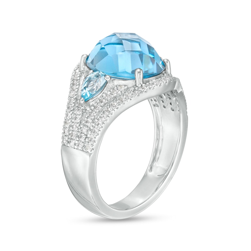 Main Image 3 of Oval Blue Lab-Created Spinel and White Lab-Created Sapphire Three Stone Dome Ring in Sterling Silver
