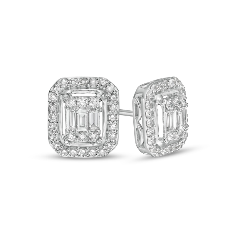 Main Image 1 of Marilyn Monroe™ Collection 1/2 CT. T.W. Emerald-Shaped Diamond Frame Stud Earrings in 10K White Gold