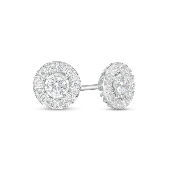 1/2 CT. T.w. Baguette and Round Diamond Frame Stud Earrings in 10K White Gold