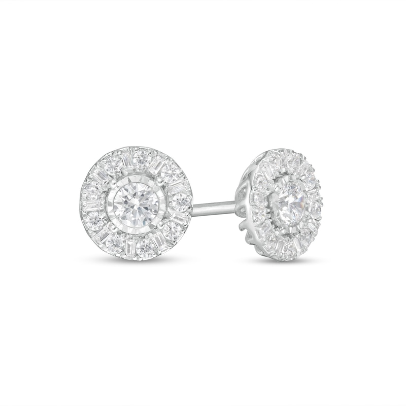 Main Image 1 of 1/2 CT. T.W. Baguette and Round Diamond Frame Stud Earrings in 10K White Gold