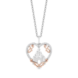 Enchanted Disney Princess 1/10 CT. T.W. Diamond Castle in Heart Pendant in Sterling Silver and 10K Rose Gold – 19&quot;