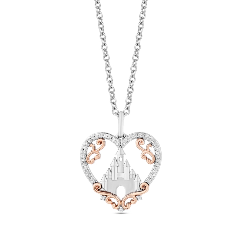 Enchanted Disney Princess 1/10 CT. T.W. Diamond Castle in Heart Pendant in Sterling Silver and 10K Rose Gold – 19"