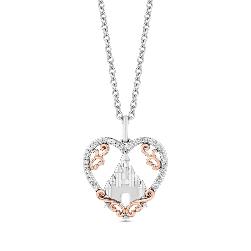 Main Image 1 of Enchanted Disney Princess 1/10 CT. T.W. Diamond Castle in Heart Pendant in Sterling Silver and 10K Rose Gold – 19"