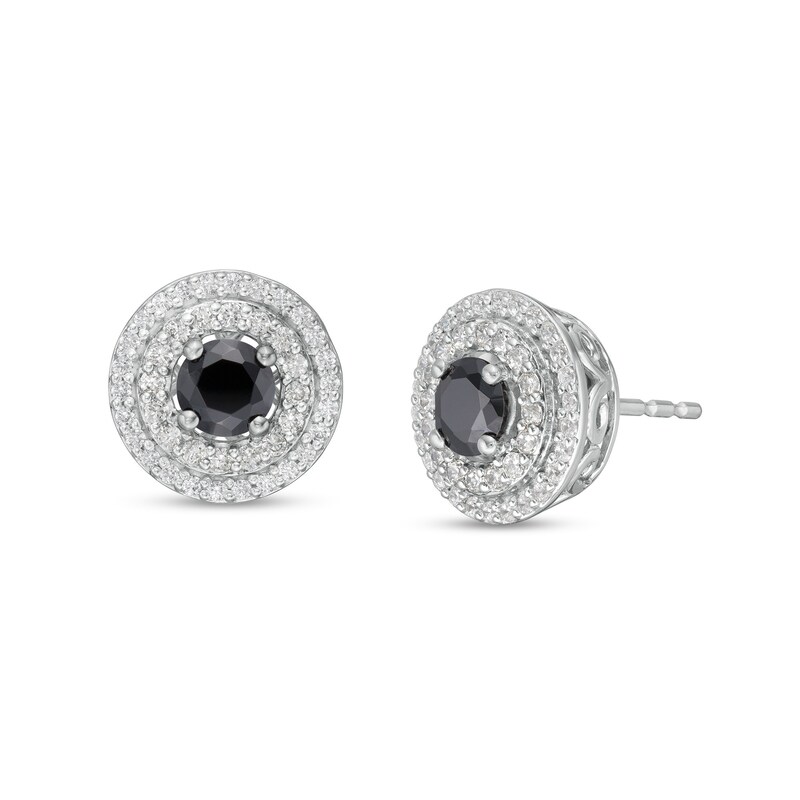 1 CT. T.W. Black Enhanced and White Diamond Double Frame Stud Earrings in 10K White Gold