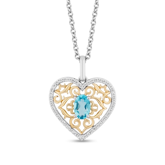 Enchanted Disney Jasmine Oval Swiss Blue Topaz and 1/6 CT. T.w. Diamond Heart Pendant in Sterling Silver and 10K Gold