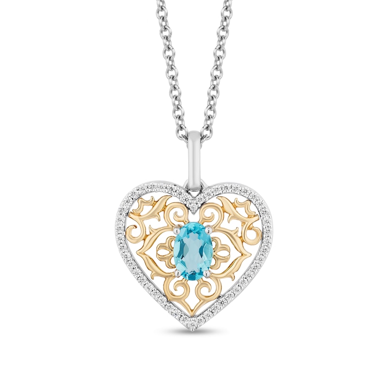 Main Image 1 of Enchanted Disney Jasmine Oval Swiss Blue Topaz and 1/6 CT. T.W. Diamond Heart Pendant in Sterling Silver and 10K Gold