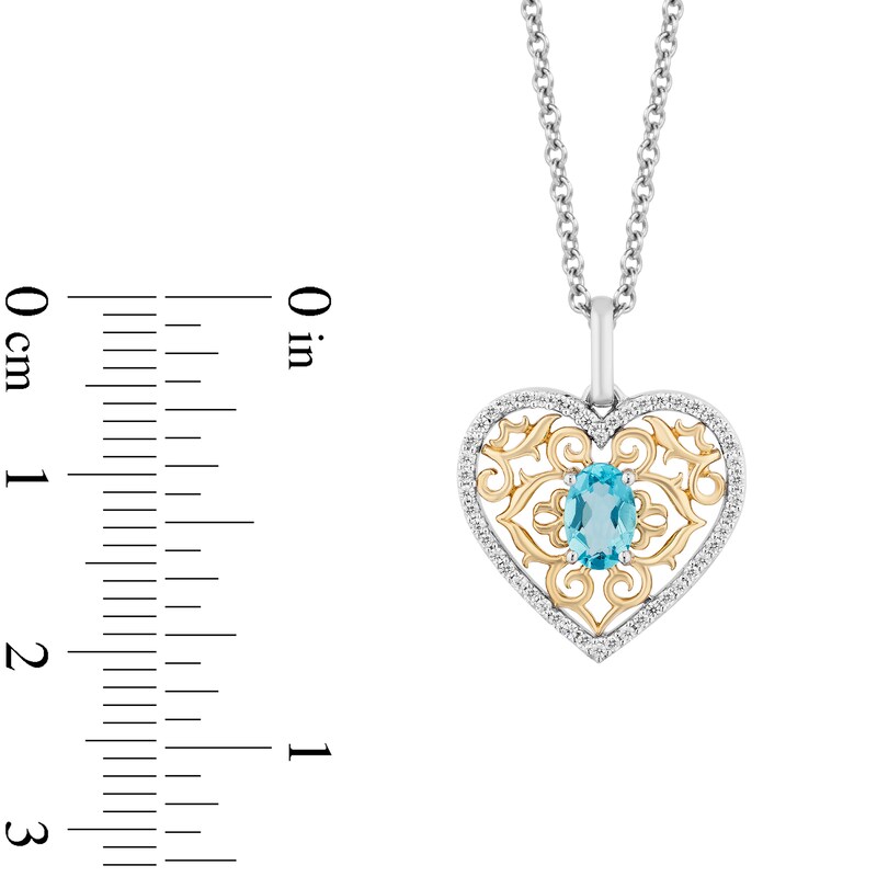 Main Image 3 of Enchanted Disney Jasmine Oval Swiss Blue Topaz and 1/6 CT. T.W. Diamond Heart Pendant in Sterling Silver and 10K Gold
