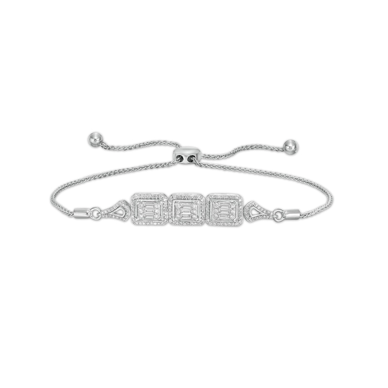 Main Image 1 of Marilyn Monroe™ Collection 5/8 CT. T.W. Emerald-Shaped Diamond Frame Three Stone Bolo Bracelet in 10K White Gold - 9.5"