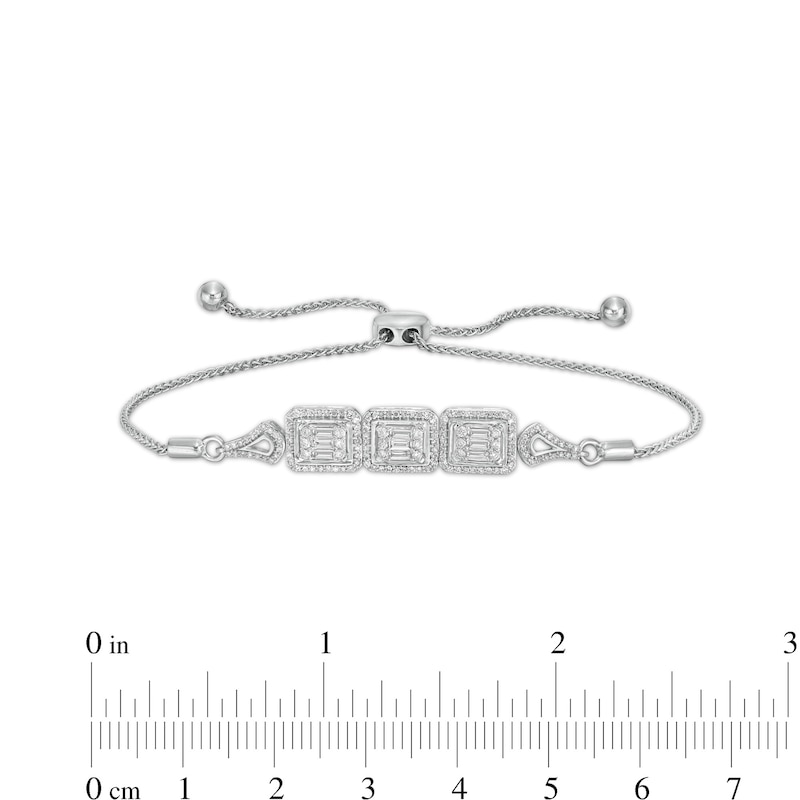 Main Image 2 of Marilyn Monroe™ Collection 5/8 CT. T.W. Emerald-Shaped Diamond Frame Three Stone Bolo Bracelet in 10K White Gold - 9.5"