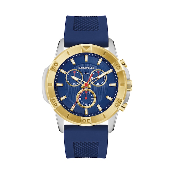Men's Caravelle by Bulova Aqualuxx Two-Tone Chronograph Silicone Strap Watch with Blue Dial (Model: 45B161)