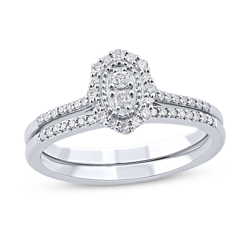 Main Image 1 of 1/3 CT. T.W. Composite Oval-Shaped Diamond Scallop Edge Frame Bridal Set in Sterling Silver
