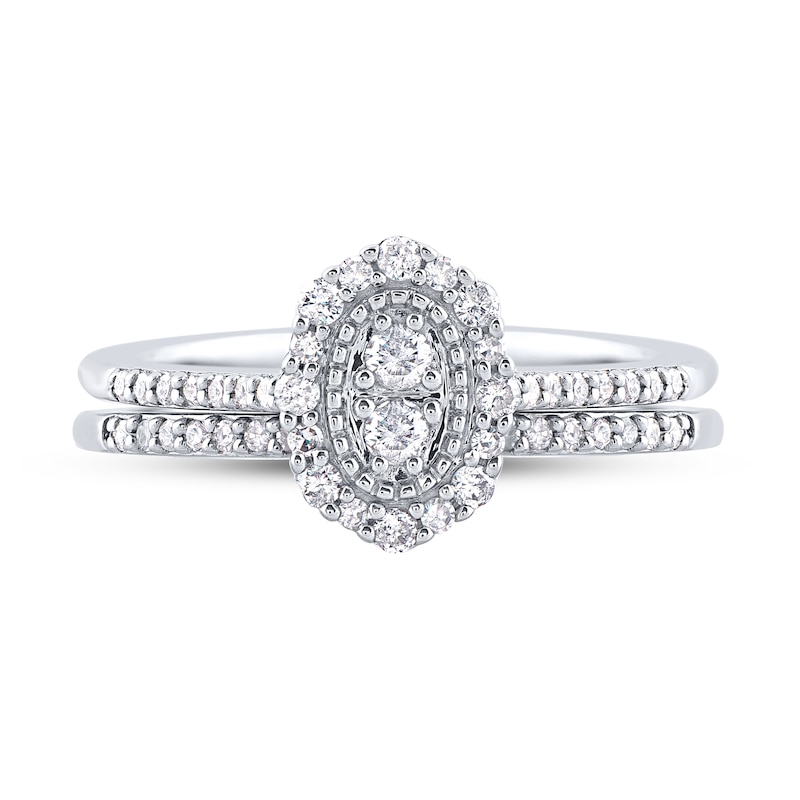 Main Image 4 of 1/3 CT. T.W. Composite Oval-Shaped Diamond Scallop Edge Frame Bridal Set in Sterling Silver